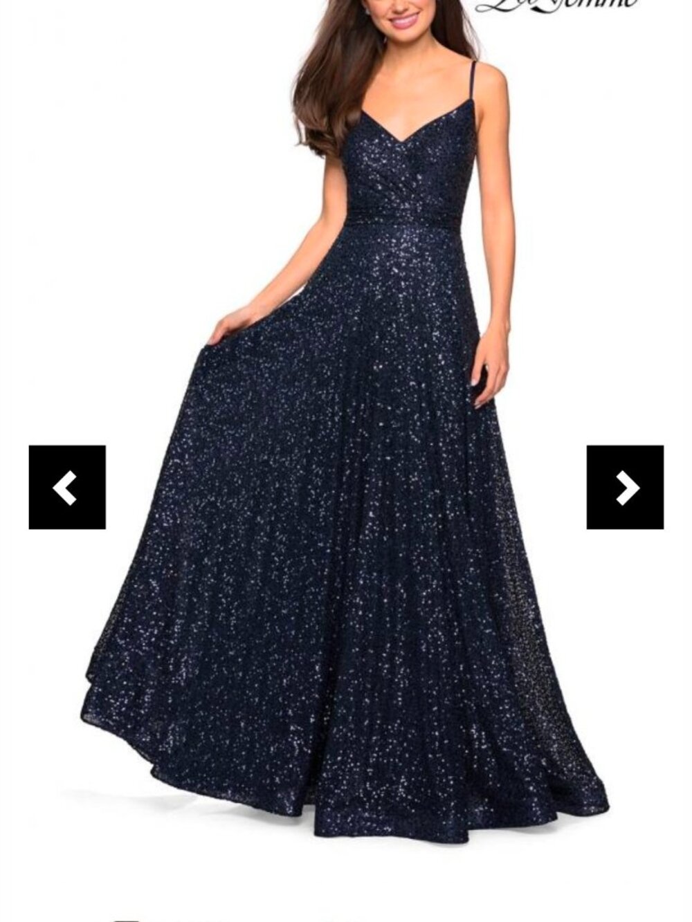 Size 8 La Femme 27747 Navy Sequin V-Neck A-Line Evening Gown NWT